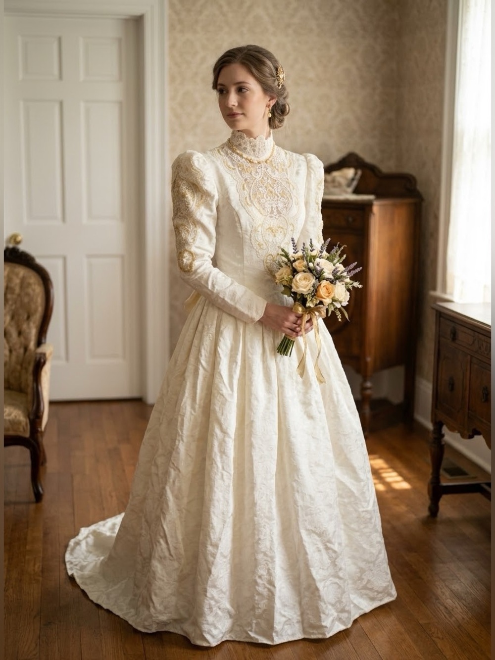 Vtg Jessica McClintock Wedding Dress Gown Sz 10 Lace Gold Trim & Petticoat